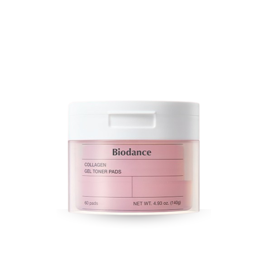Biodance Collagen Gel Toner Pads in a white plastic jar with a translucent pink label, shown on a clean white background.