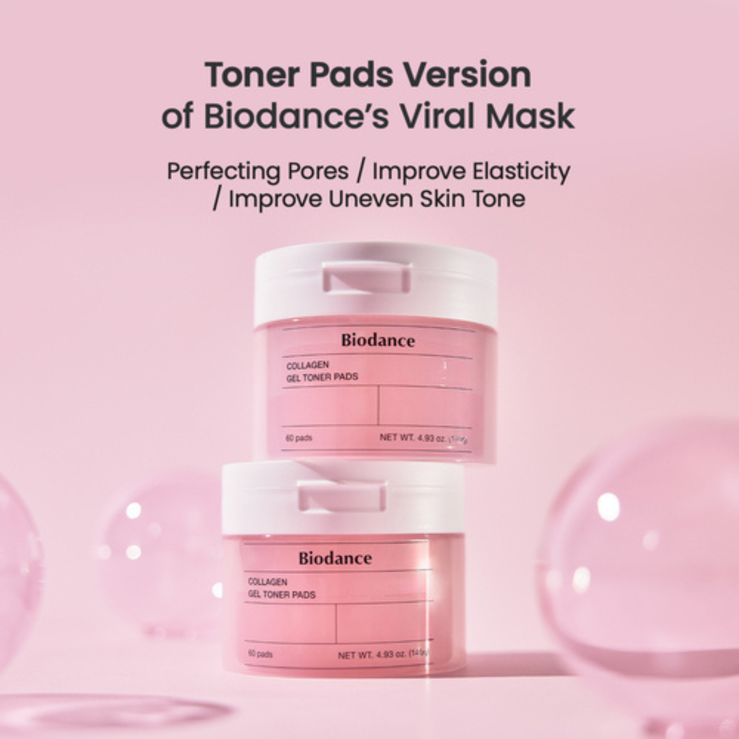 Two jars of Biodance Collagen Gel Toner Pads stacked vertically on a pink background with promotional text at the top and soft pink decorative spheres in the foreground.