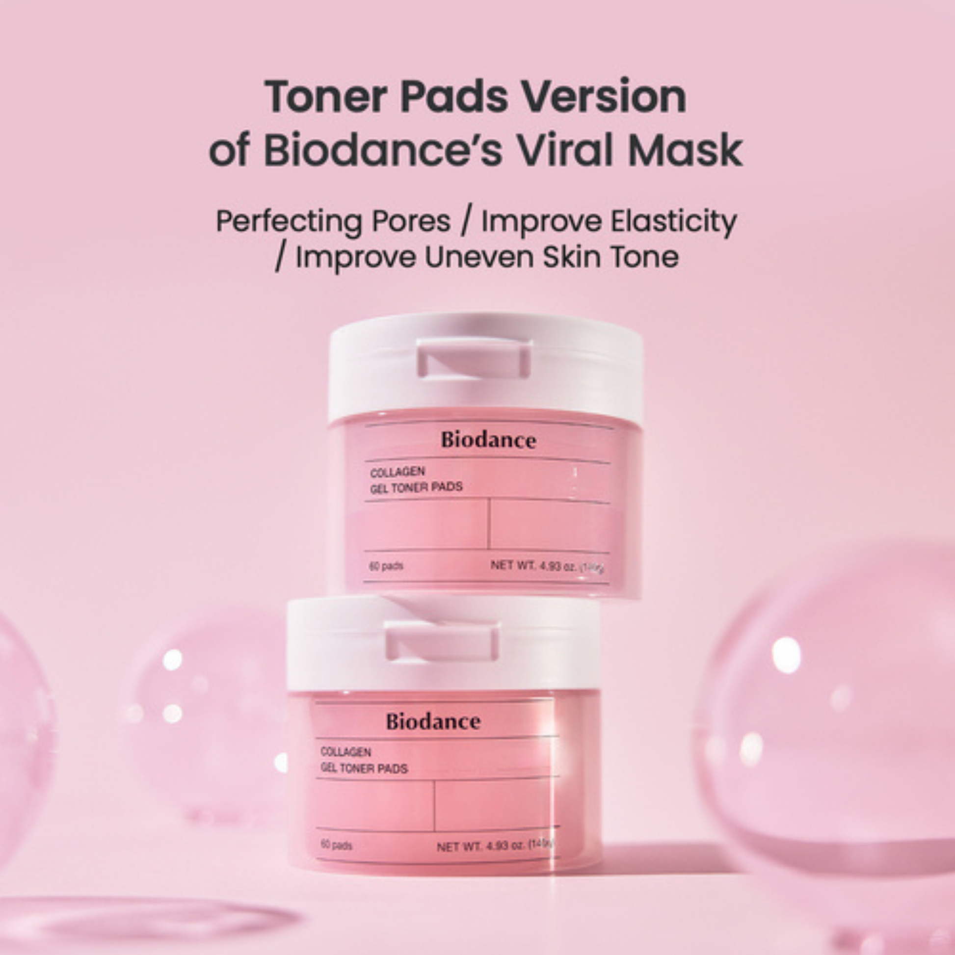 Two jars of Biodance Collagen Gel Toner Pads stacked vertically on a pink background with promotional text at the top and soft pink decorative spheres in the foreground.
