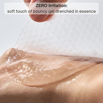A close-up of a hand peeling a translucent, gel toner pad from skin, with overlaid text reading 'ZERO Irritation: soft touch of bouncy gel drenched in essence'.