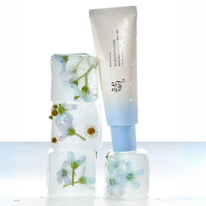 Beauty of Joseon Relief Sun Aqua-Fresh: Rice + B5 SPF50+ PA++++ with visible brand on a light background as well as flowers in ice cubes