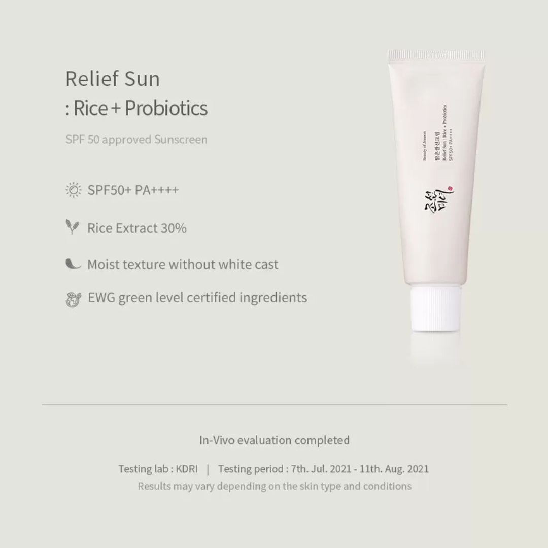 Beauty of Joseon Relief Sun: Rice + Probiotics SPF 50+ PA++++ with text listing features and ingredients on a cream background