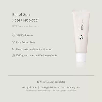 Beauty of Joseon Relief Sun: Rice + Probiotics SPF 50+ PA++++ with text listing features and ingredients on a cream background