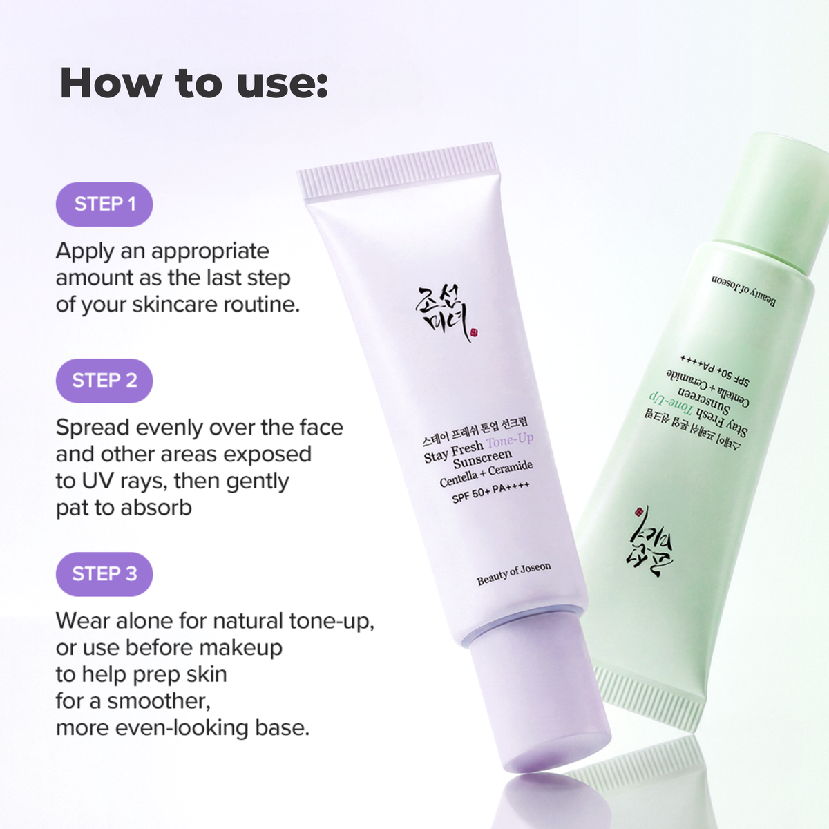 How-to-use infographic showing the Green and Purple Beauty of Joseon Stay Fresh Tone-Up Sunscreens on a white background with text instructions in English on a light purple and white ombre background