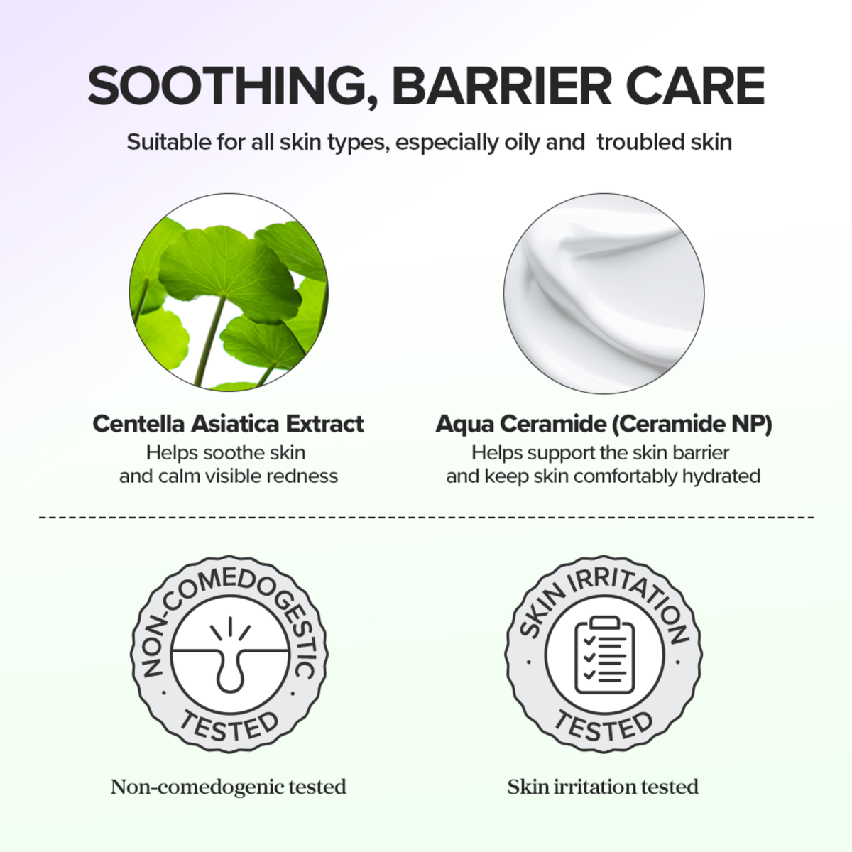 Description of hero ingredients in the Beauty of Joseon Stay Fresh Tone-Up Sunscreen, highlighting Centella Asiatica Extract and Aqua Ceramide on a light purple and green ombre background. There are also badges stating the product is non-comedogenic and skin irritation tested.