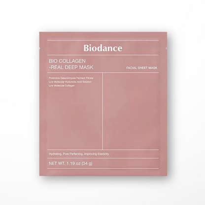 Packaging of Biodance Bio-Collagen Real Deep Mask featuring product information and branding
