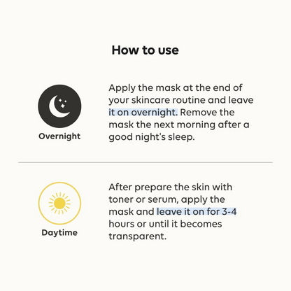 Instructions on how to use a Biodance Bio‑Collagen Real Deep Mask with icons for overnight and daytime application.