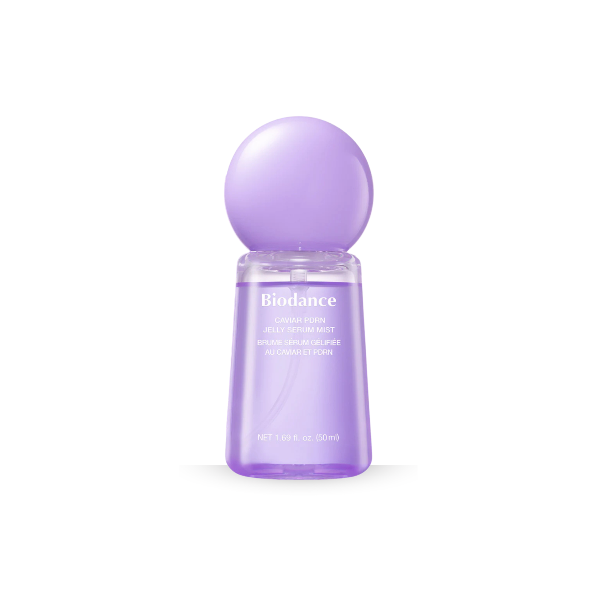 BIODANCE Caviar PDRN Jelly Serum Mist in a translucent lavender purple bottle with a matching spherical cap, shown on a clean white background.