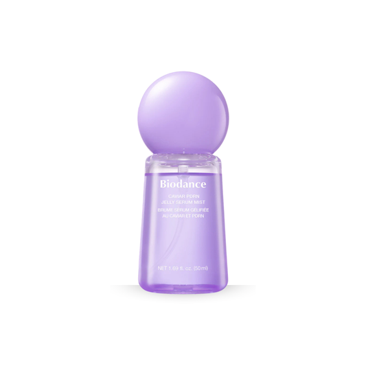 BIODANCE Caviar PDRN Jelly Serum Mist in a translucent lavender purple bottle with a matching spherical cap, shown on a clean white background.