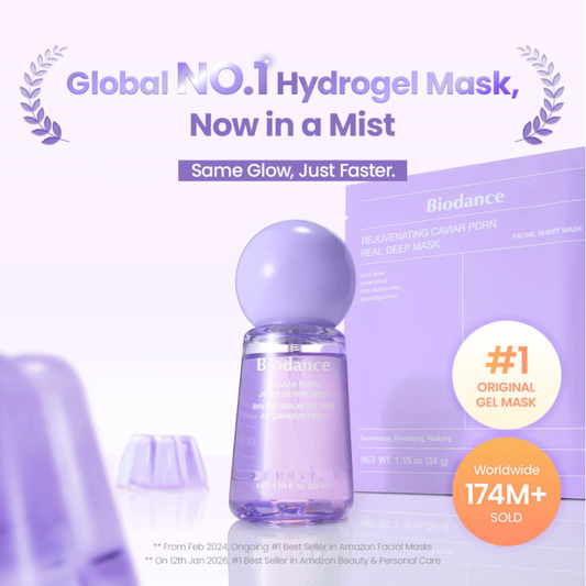 BIODANCE Caviar PDRN Jelly Serum Mist and Biodance hydrogel mask packaging on a white background