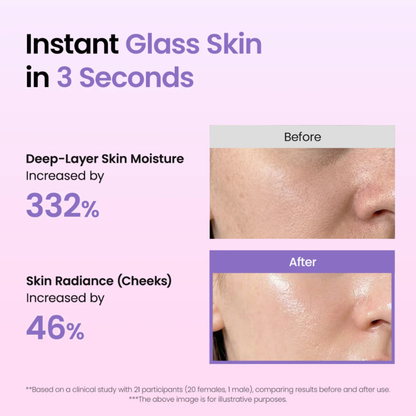 Information on "Instant glass skin in 3 seconds" for a the BIODANCE Caviar PDRN Jelly Serum Mist showing before and after effects on skin.