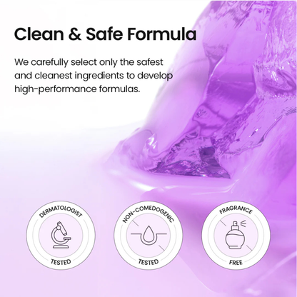 Promotional graphic for BIODANCE Caviar PDRN Jelly Serum Mist with the headline 'Clean & Safe Formula' and text about selecting safe ingredients. The background is a soft purple liquid texture, with three circular icons at the bottom stating Dermatologist Tested, Non-Comedogenic Tested, and Fragrance Free.