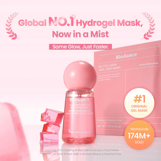 Biodance Collagen Peptide Jelly Serum Mist bottle and mask in pink, with promotional text reading 'Global NO.1 Hydrogel Mask, Now in a Mist' and an orange badge stating 'Worldwide 174M+ Sold'.