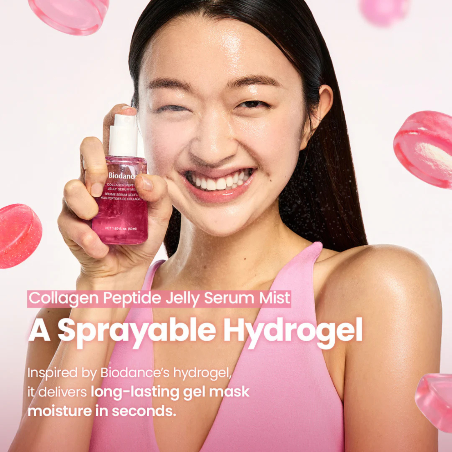 Woman holding a bottle of Bioidance Collagen Peptide Jelly Serum Mist with text stating "A sprayable Hydrogel".