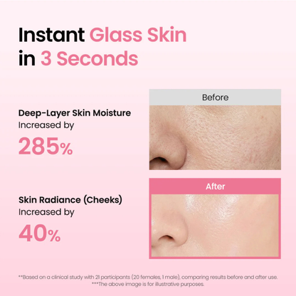 Before and after skin moisture and radiance comparison after using the Biodance Collagen Peptide Jelly Serum Mist with text on a pink background. 