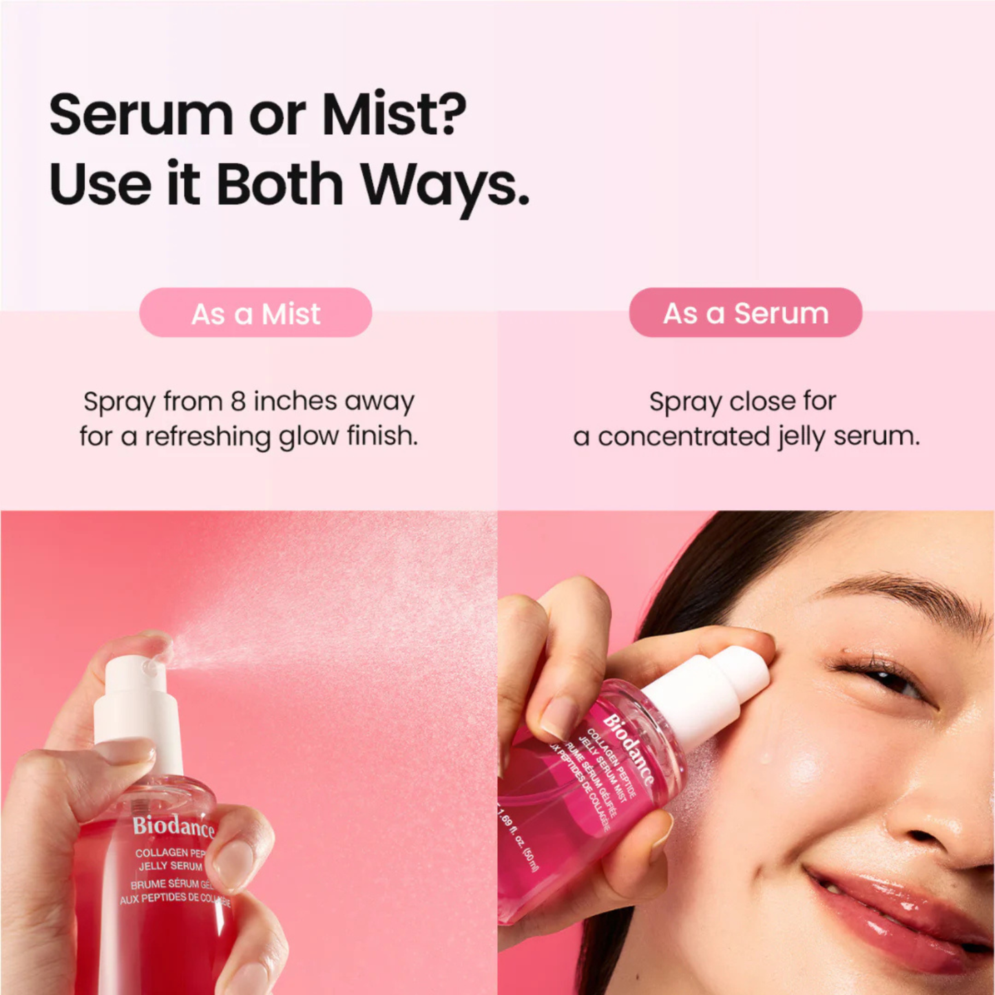 Biodance Collagen Peptide Jelly Serum Mist product with usage instructions on a pink background