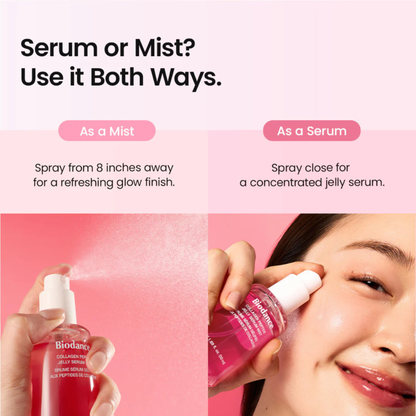 Biodance Collagen Peptide Jelly Serum Mist product with usage instructions on a pink background