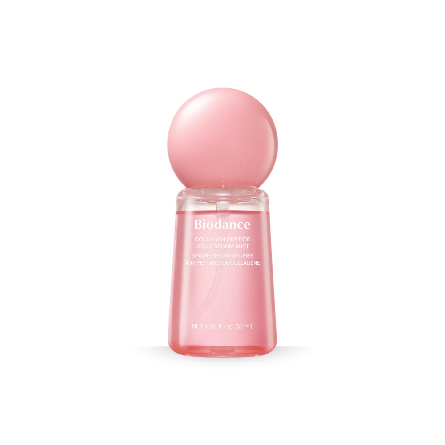 Biodance Collagen Peptide Jelly Serum Mist in a clear bottle with a pink spherical cap, shown on a white background.