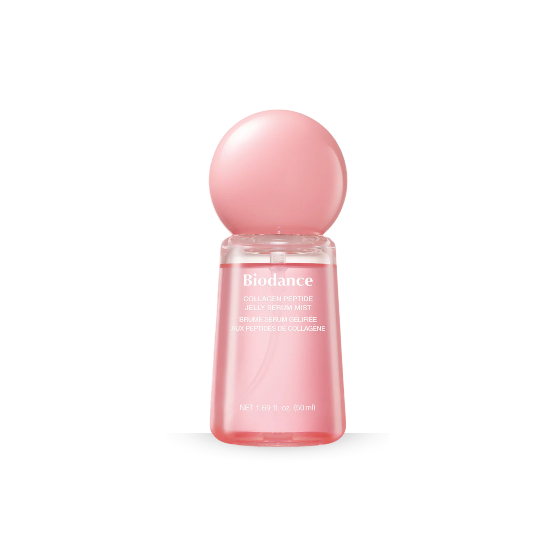 Biodance Collagen Peptide Jelly Serum Mist in a clear bottle with a pink spherical cap, shown on a white background.
