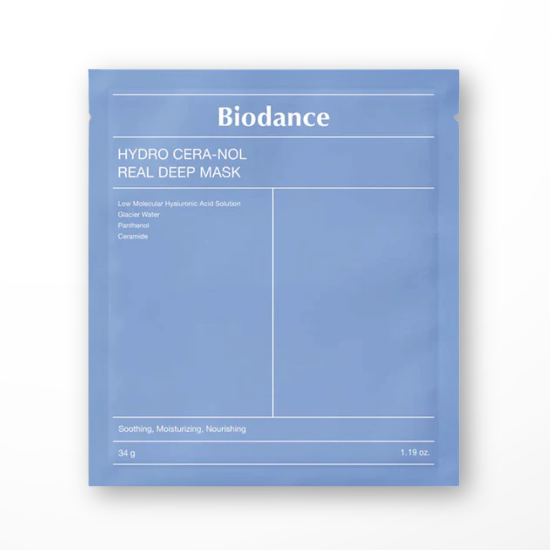 Packaging of Biodance Hydro Cera-Nol Real Deep Mask showing product name and benefits such as soothing, moisturizing, and nourishing.
