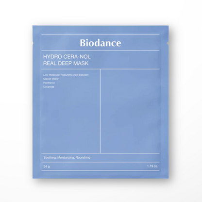 Packaging of Biodance Hydro Cera-Nol Real Deep Mask showing product name and benefits such as soothing, moisturizing, and nourishing.