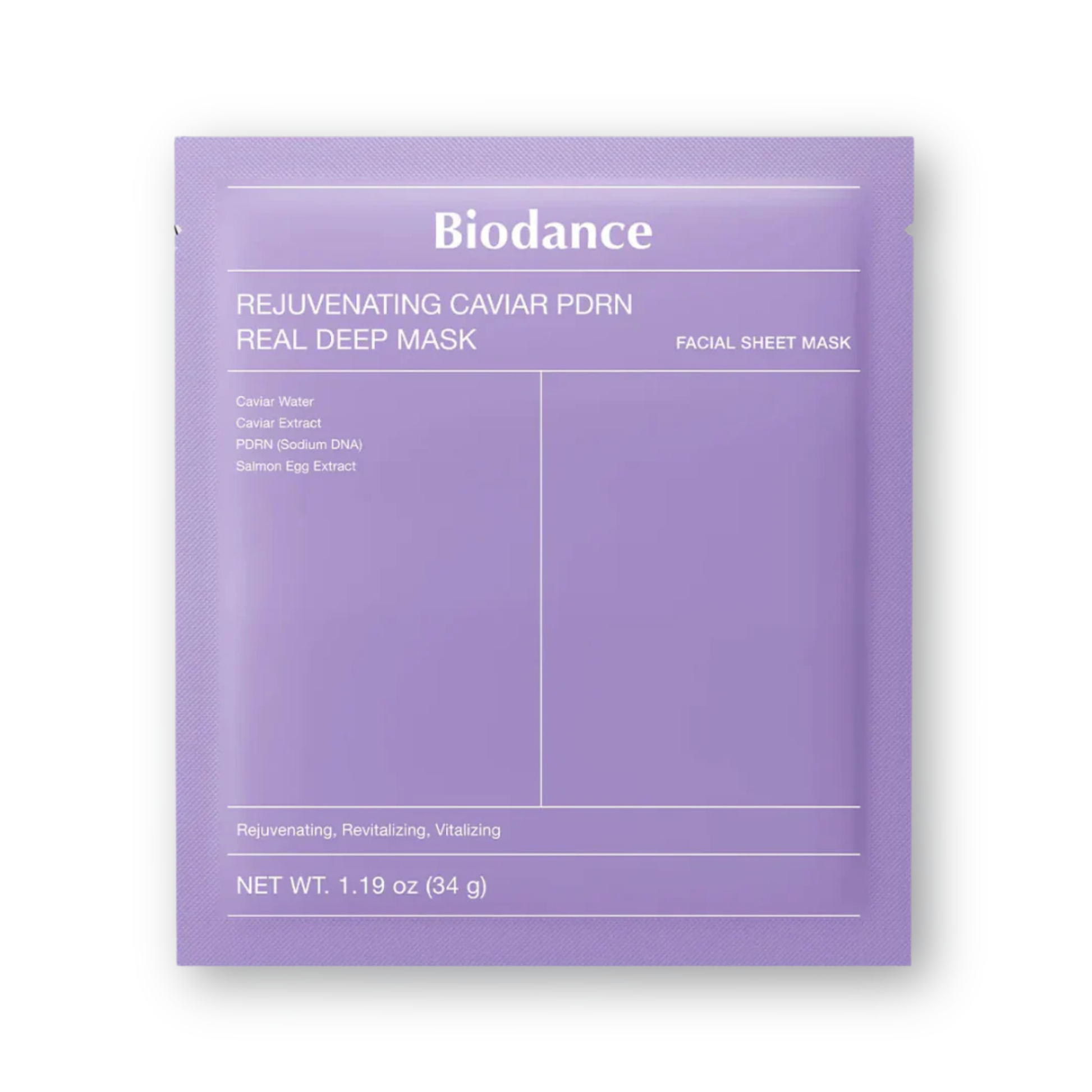 A single packet of Biodance Rejuvenating Caviar PDRN Real Deep Mask in a light purple color, shown on a white background with a soft drop shadow.