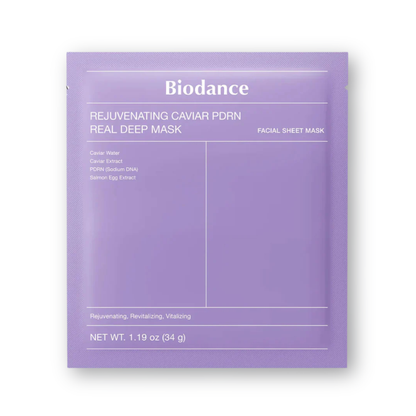 A single packet of Biodance Rejuvenating Caviar PDRN Real Deep Mask in a light purple color, shown on a white background with a soft drop shadow.