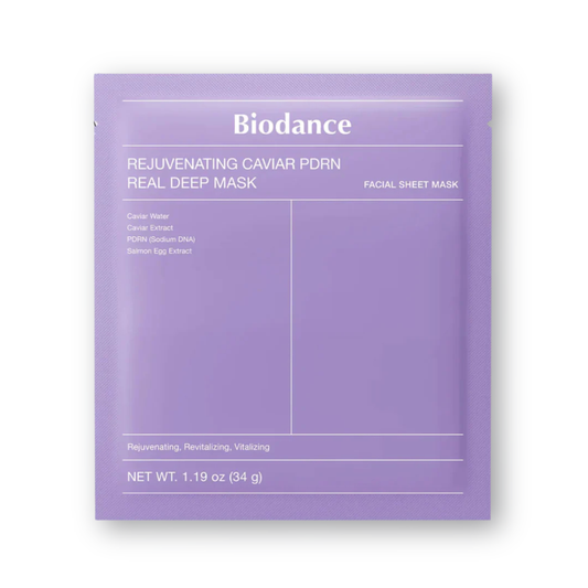 A single packet of Biodance Rejuvenating Caviar PDRN Real Deep Mask in a light purple color, shown on a white background with a soft drop shadow.