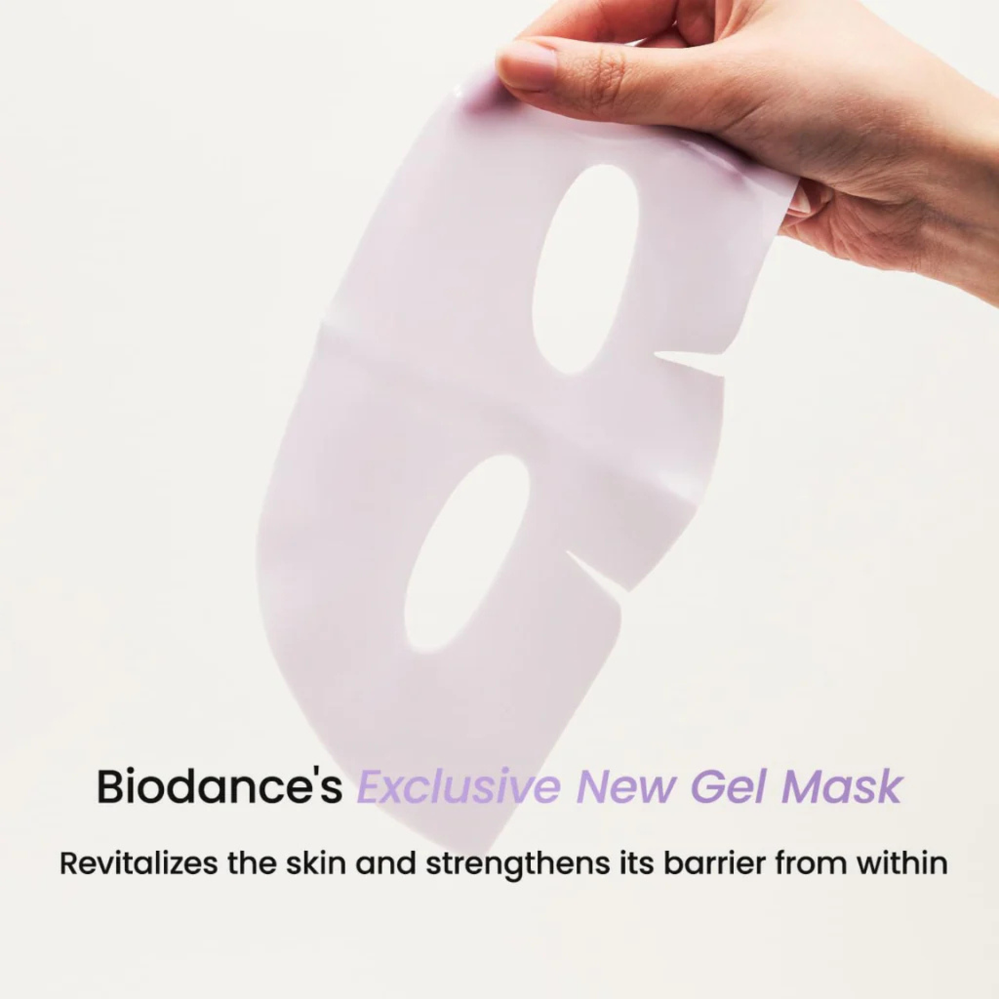Hand holding a BIODANCE Rejuvenating Caviar PDRN Real Deep Mask against a white background