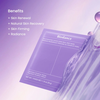 BIODANCE Rejuvenating Caviar PDRN Real Deep Mask with benefits listed on a purple gradient background
