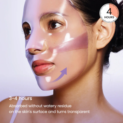 Woman's face with a Biodance Rejuvenating Caviar PDRN Real Deep Mask applied and text showing absorption on skin after 3-4 hours