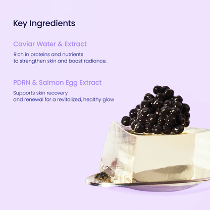 A promotional graphic on a light lavender background with text reading 'Key Ingredients' and descriptions for caviar water & extract and PDRN & salmon egg extract, alongside a close-up photo of a clear gel cube topped with black caviar.