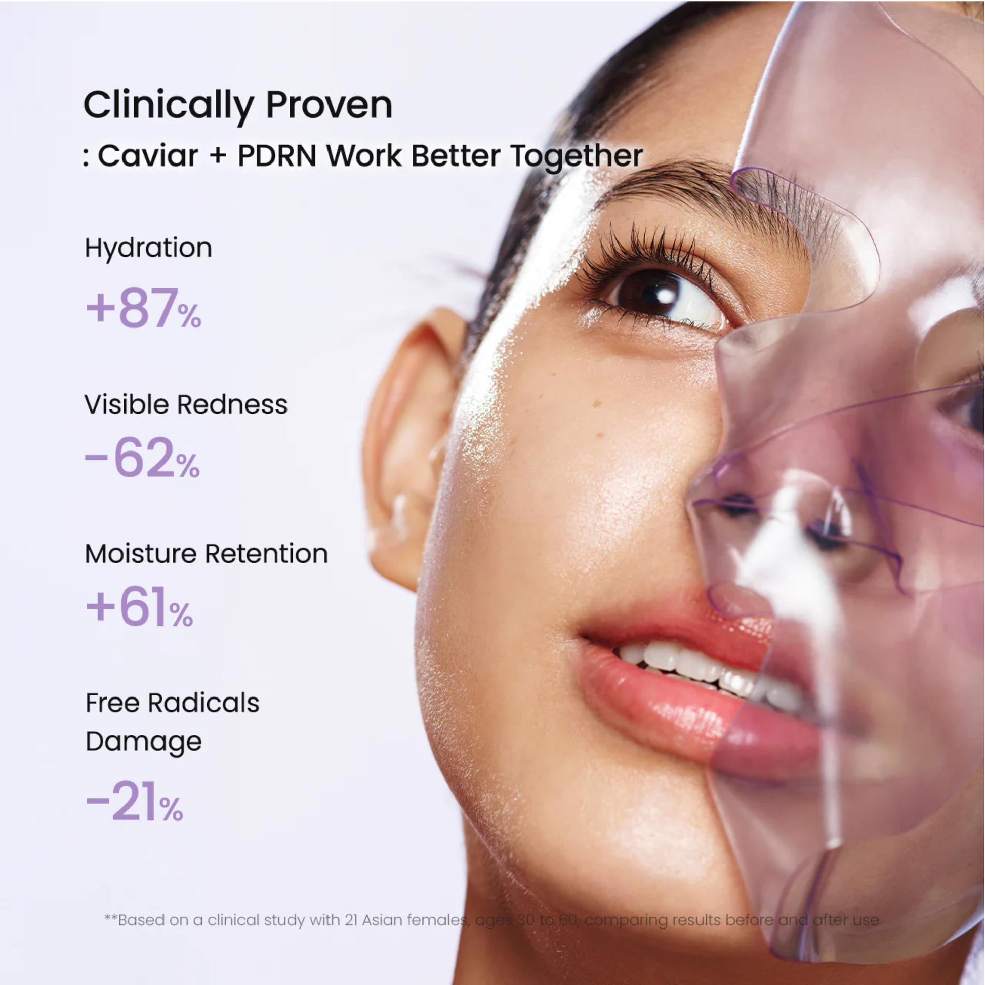 Woman peeling off a BIODANCE Rejuvenating Caviar PDRN Real Deep Mask with clinical benefits displayed on a white background