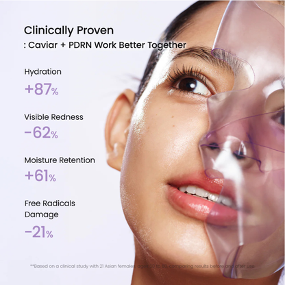 Woman peeling off a BIODANCE Rejuvenating Caviar PDRN Real Deep Mask with clinical benefits displayed on a white background