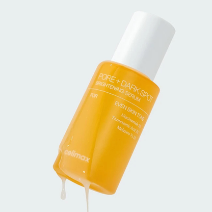 CELIMAX Pore+Dark Spot Brightening Serum with serum dripping from the side of the serum bottle on a white background