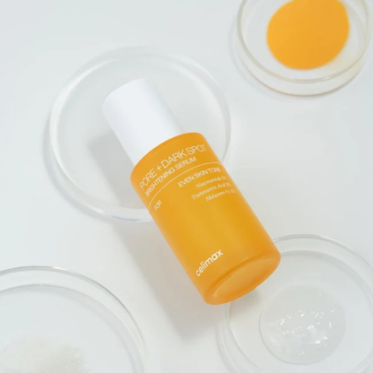 CELIMAX Pore+Dark Spot Brightening Serum laying on top of petri dishes on a white background