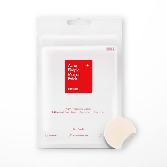 Packaging of COSRX Acne Pimple Master Patch with one patch visible in front of the package. The package is white with red and black text and a red plus sign.