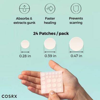COSRX Acne Pimple Master Patch (24 Patches). Sizes of patches shown on a teal background.