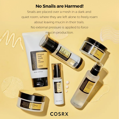 Cosrx skincare products on a yellow background with text about snail mucus extraction.