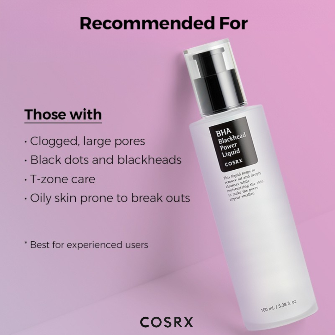 COSRX BHA Blackhead Power Liquid bottle on a pink background with product benefits listed.