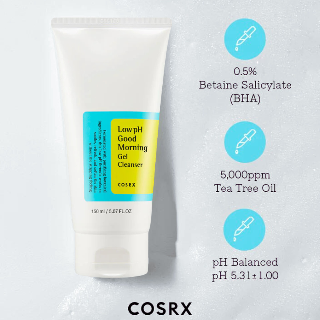 COSRX low pH Good Morning Gel Cleanser with text on hero ingredients