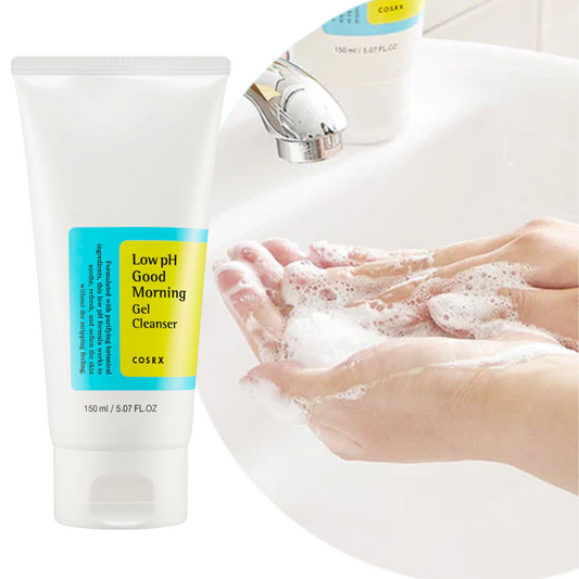 CosRX Low pH Good Morning Gel Cleanser with hands under running water and soap bubbles.