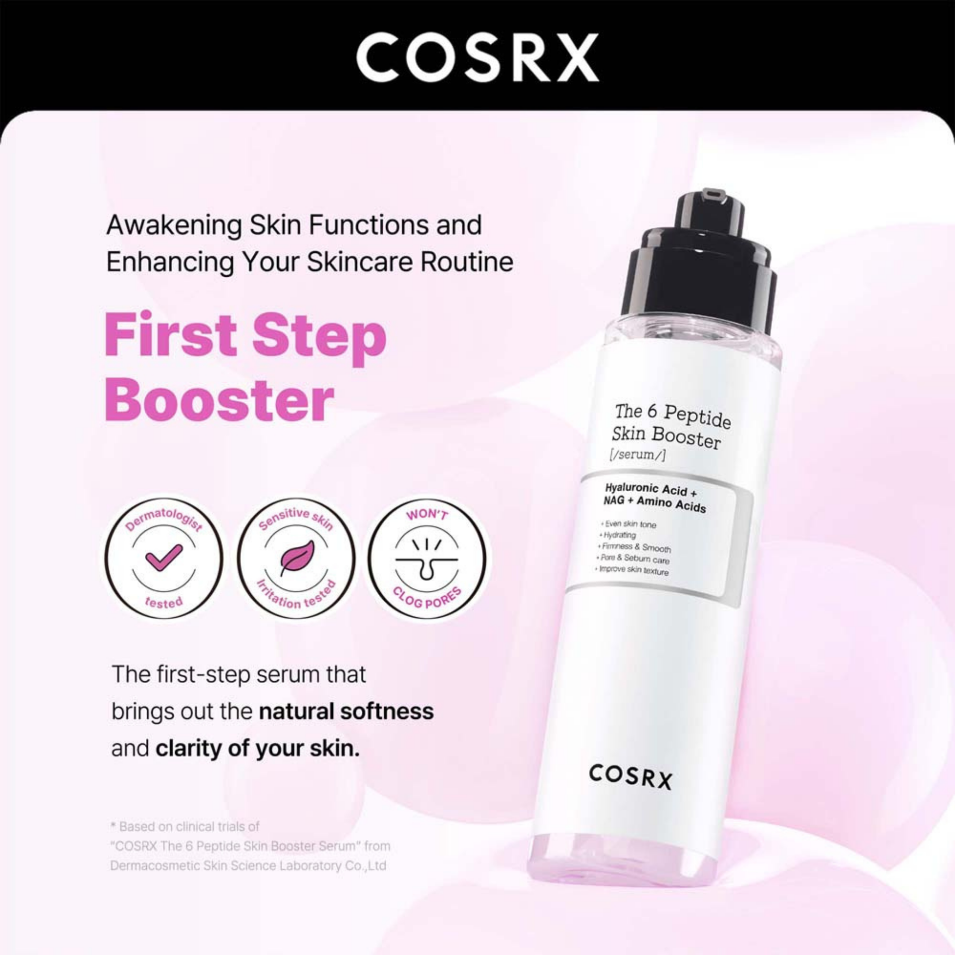 COSRX The 6 Peptide Skin Booster with text on its benefits on a pink background