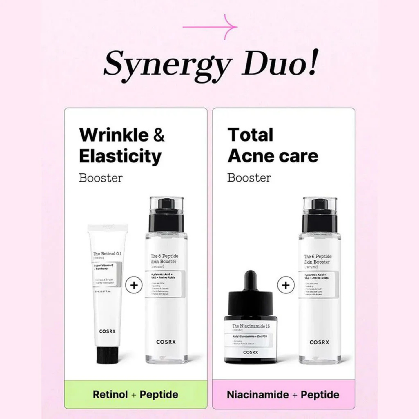 Suggested products to use in combination with COSRX The 6 Peptide Skin Booster on a pink background