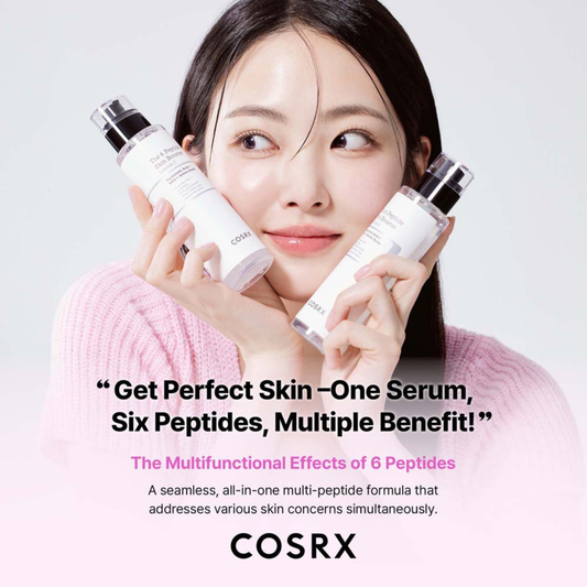 Woman holding two COSRX The 6 Peptide Skin Booster bottles with promotional text on a light gray background