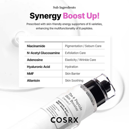 COSRX The 6 Peptide Skin Booster bottle with a list of hero ingredients on a white background