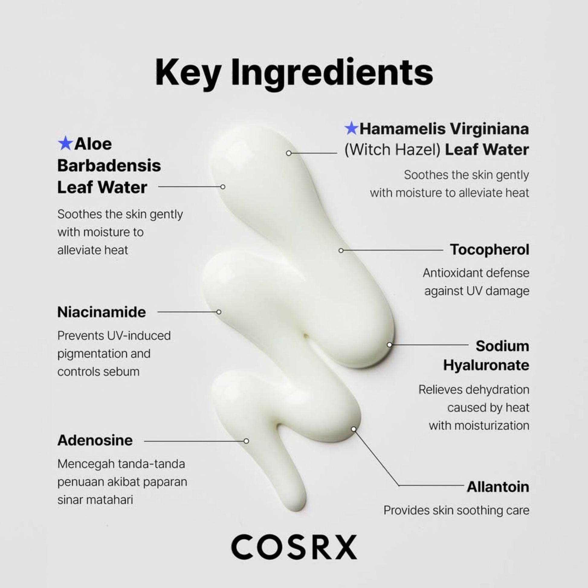 COSRX Ultra-Light Invisible Sunscreen SPF50+ PA++++ labeled with key ingredients on a white background