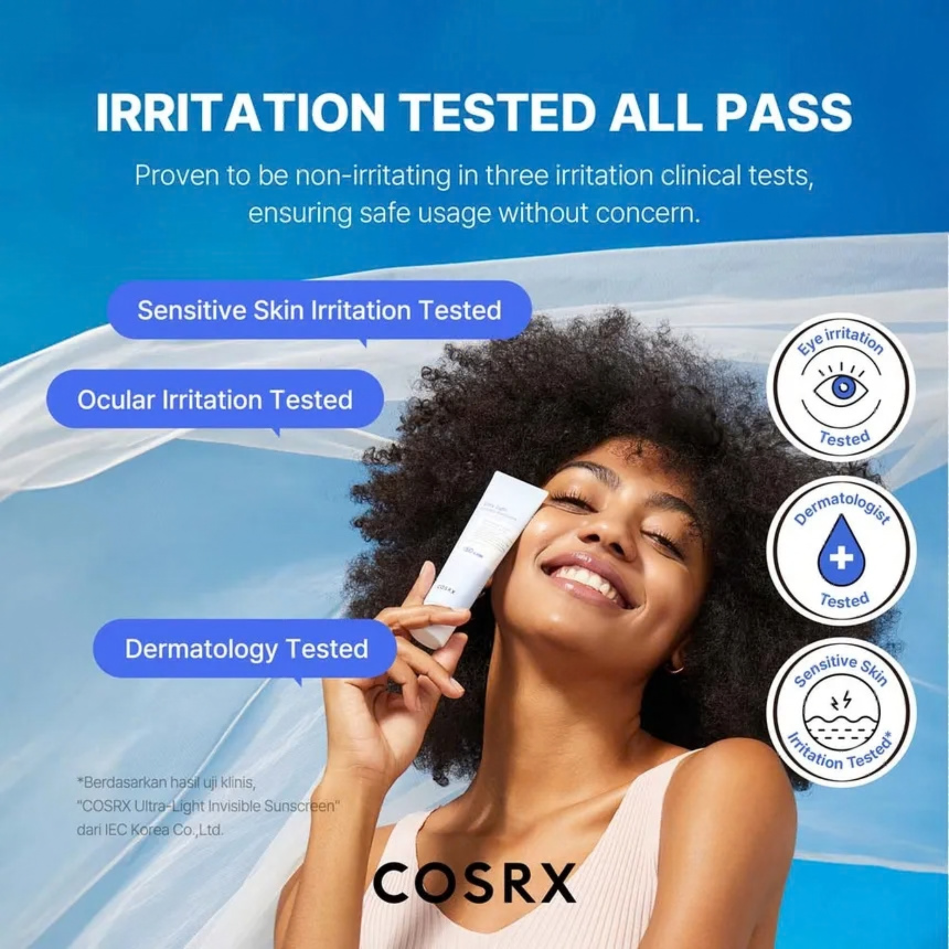 Woman holding a tube of COSRX Ultra-Light Invisible Sunscreen SPF50+ PA++++,  surrounded by text  about irritation testing on a blue background. Dermatology tested.