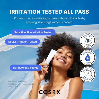 Woman holding a tube of COSRX Ultra-Light Invisible Sunscreen SPF50+ PA++++,  surrounded by text  about irritation testing on a blue background. Dermatology tested.