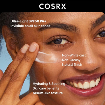 COSRX Ultra-Light Invisible Sunscreen SPF50+ PA++++ being applied to a person's face with text highlighting features.